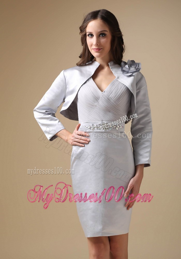 Grey Column V-neck Knee-length Beading Mother Bride Dress