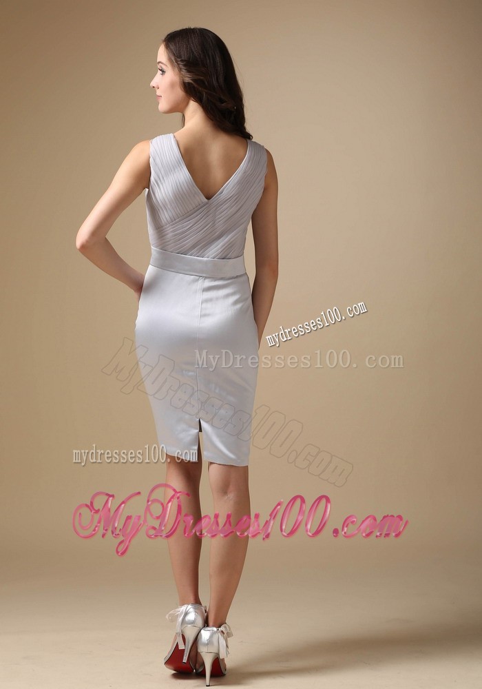 Grey Column V-neck Knee-length Beading Mother Bride Dress