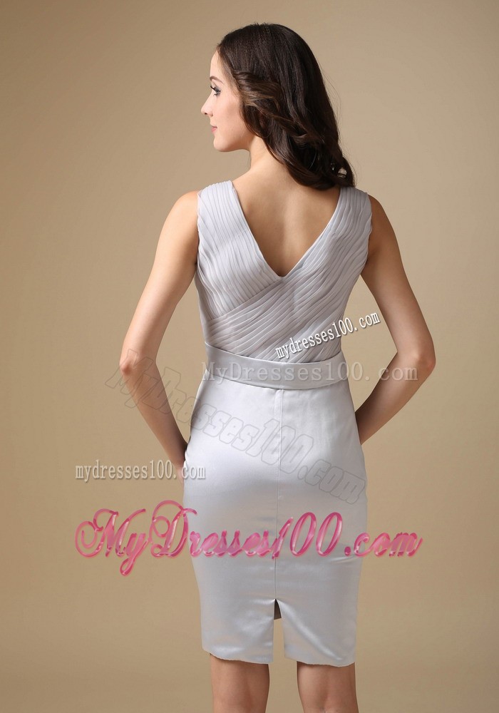 Grey Column V-neck Knee-length Beading Mother Bride Dress