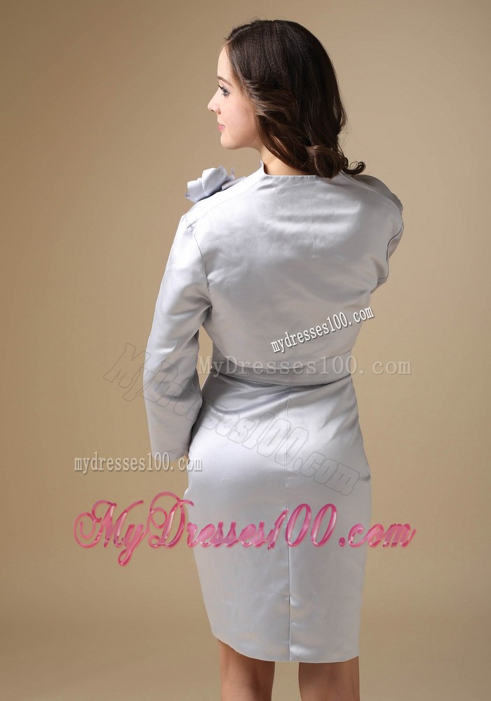 Grey Column V-neck Knee-length Beading Mother Bride Dress