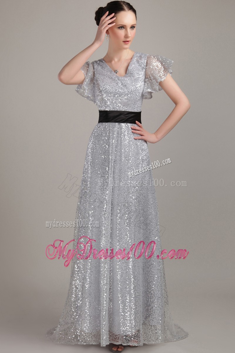 Grey Empire V-neck Brush Train Sequin Belt Mother of the Bride Dress