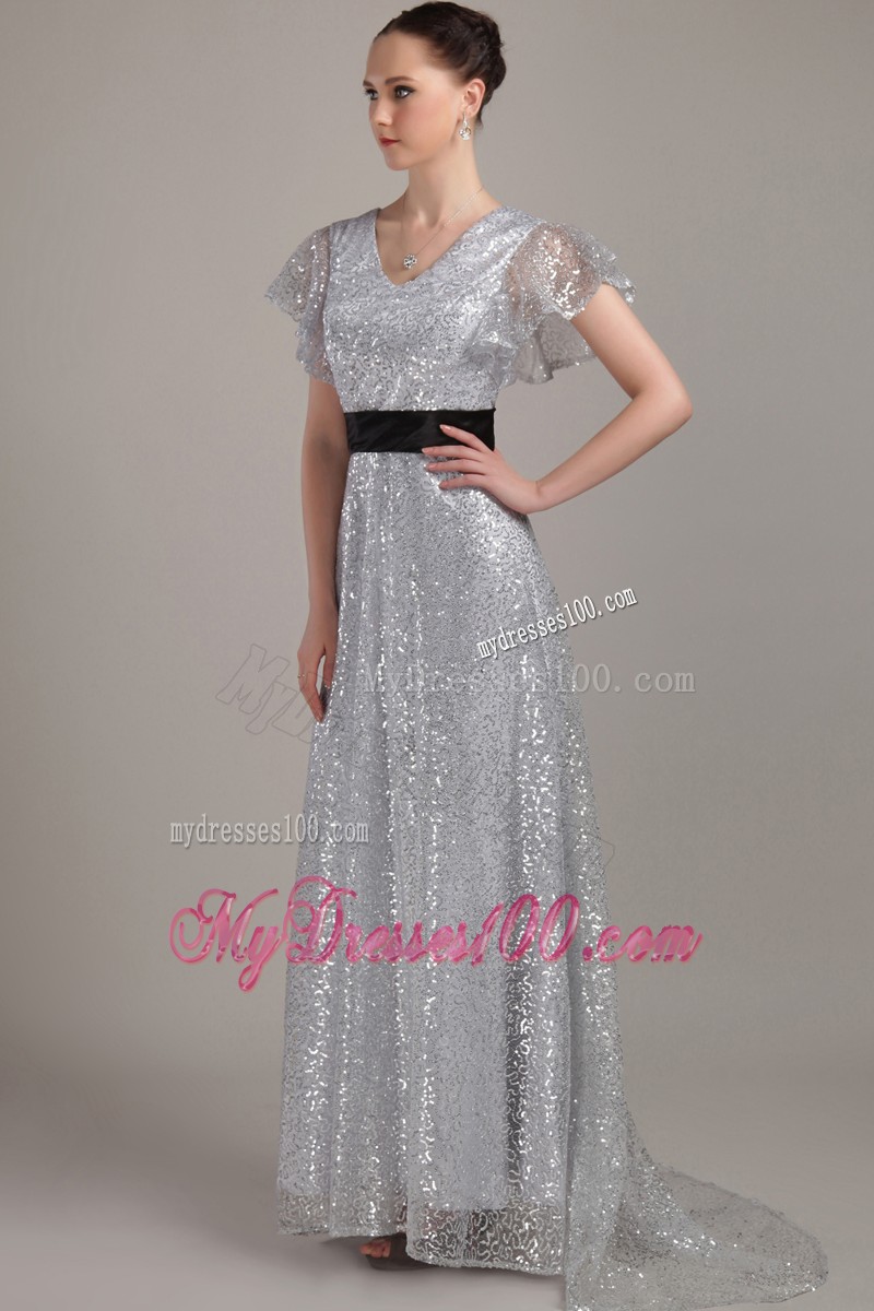 Grey Empire V-neck Brush Train Sequin Belt Mother of the Bride Dress