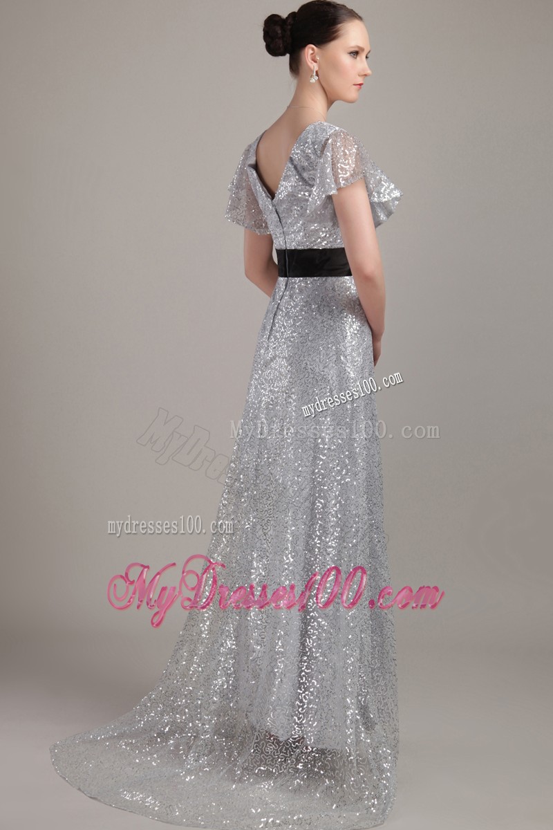 Grey Empire V-neck Brush Train Sequin Belt Mother of the Bride Dress