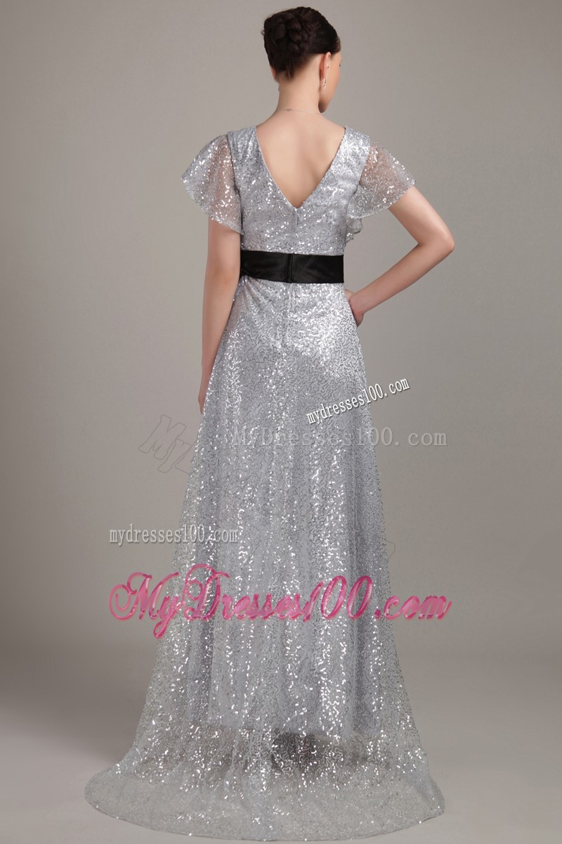 Grey Empire V-neck Brush Train Sequin Belt Mother of the Bride Dress