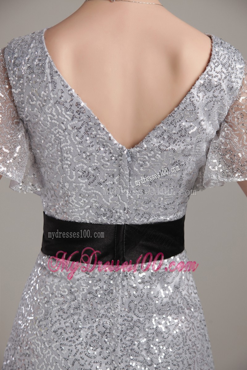 Grey Empire V-neck Brush Train Sequin Belt Mother of the Bride Dress