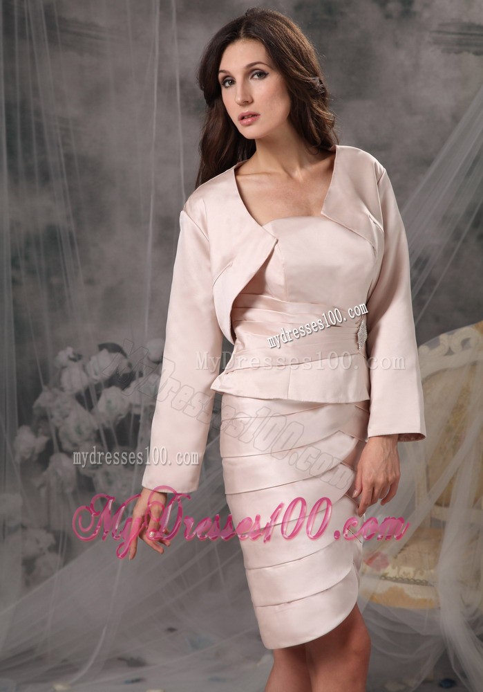 Ivory Column Sheath Strapless Knee-length Ruffles Mother Bride Dress