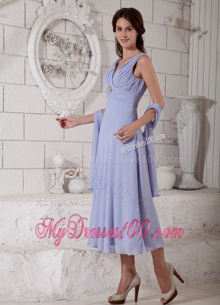 Lilac Empire V-neck Tea-length Ruching and Beading Homecoming Dress