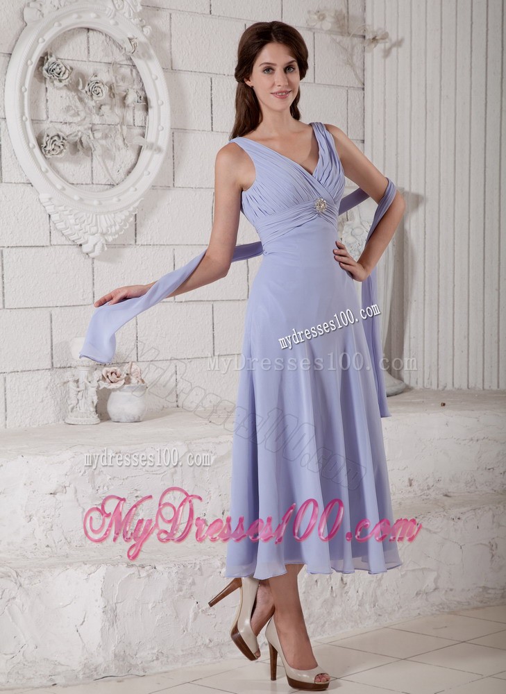Lilac Empire V-neck Tea-length Ruching and Beading Homecoming Dress