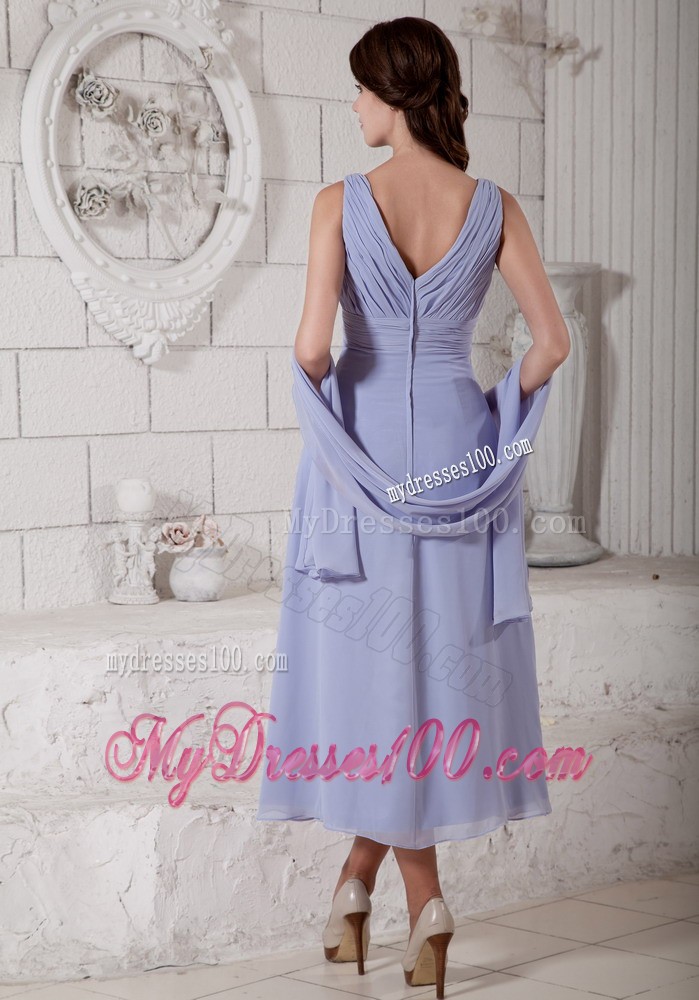 Lilac Empire V-neck Tea-length Ruching and Beading Homecoming Dress