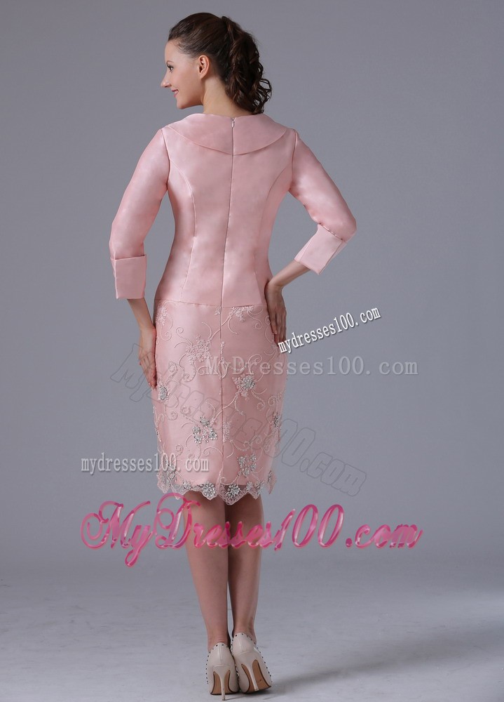Baby Pink Long Sleeves Mother Bride Dress with Hand Flowers Knee-length