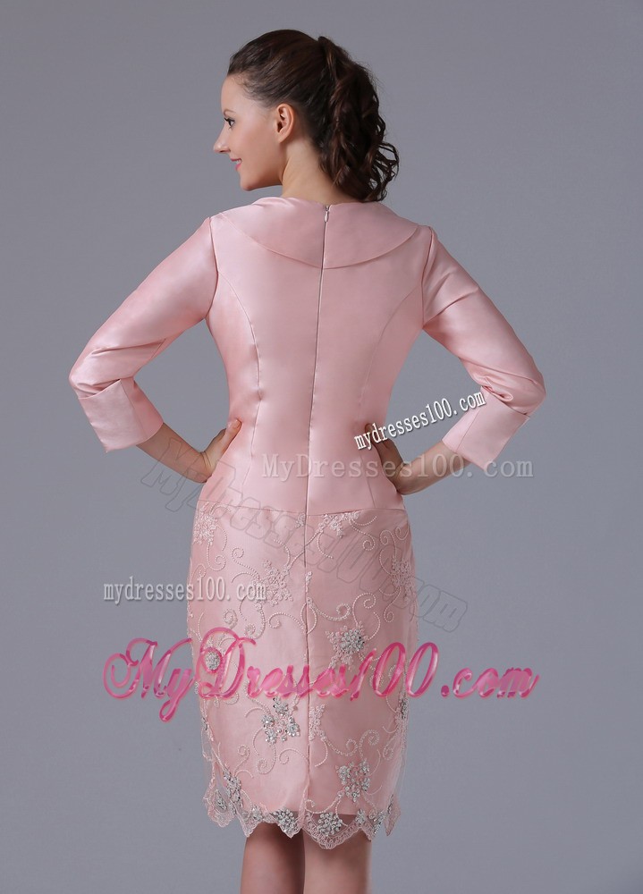 Baby Pink Long Sleeves Mother Bride Dress with Hand Flowers Knee-length