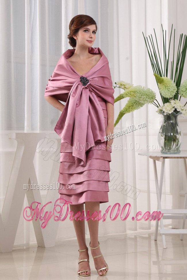 Pink Mother Bride Dress Ruffled Layers with Tea-length with Shawl