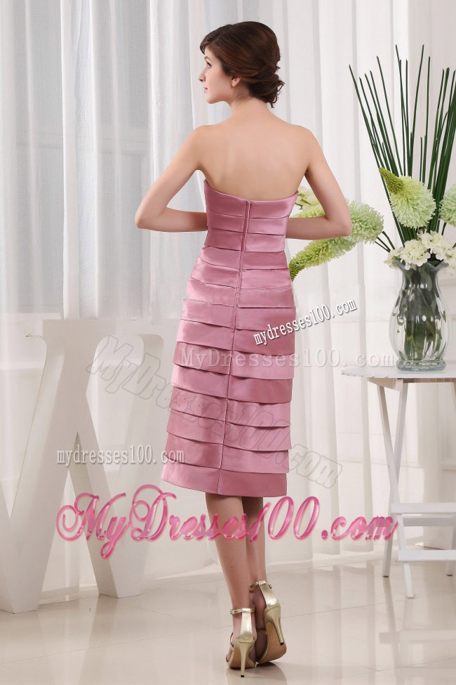 Pink Mother Bride Dress Ruffled Layers with Tea-length with Shawl