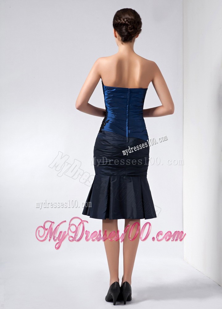 Navy Blue Strapless Knee-length Beading and Appliques Mother Dress