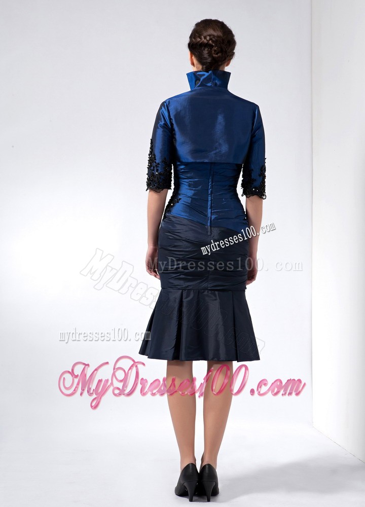 Navy Blue Strapless Knee-length Beading and Appliques Mother Dress