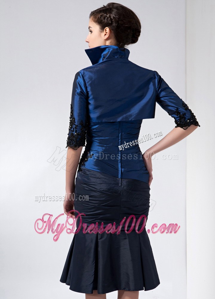 Navy Blue Strapless Knee-length Beading and Appliques Mother Dress