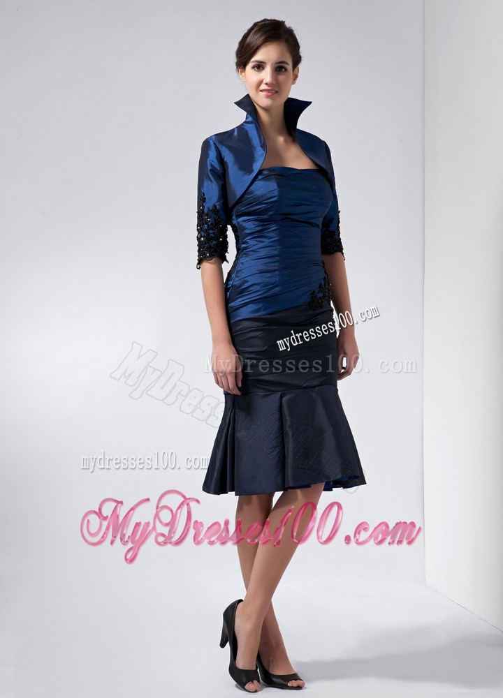 Navy Blue Strapless Knee-length Beading and Appliques Mother Dress