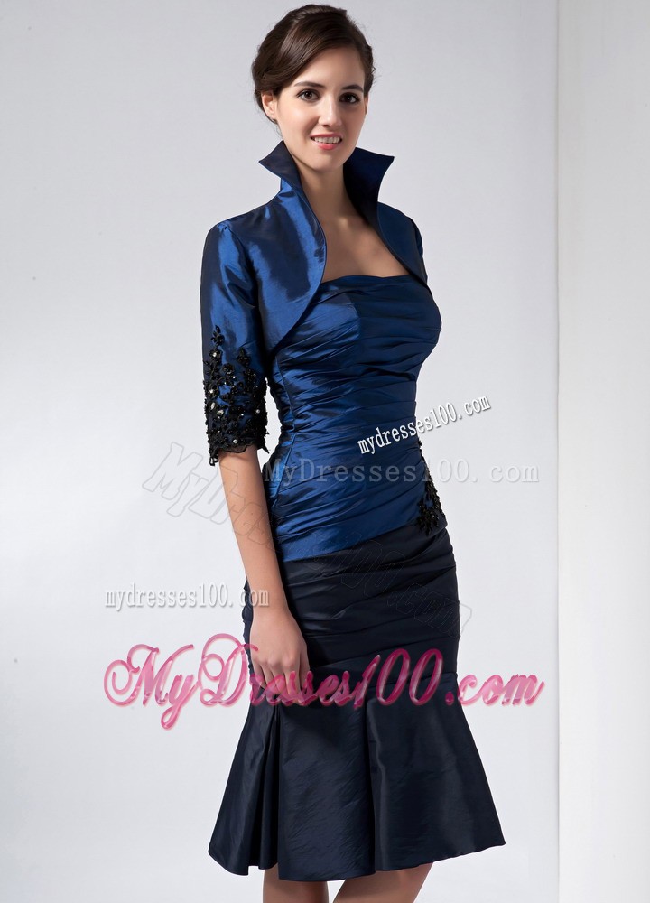 Navy Blue Strapless Knee-length Beading and Appliques Mother Dress