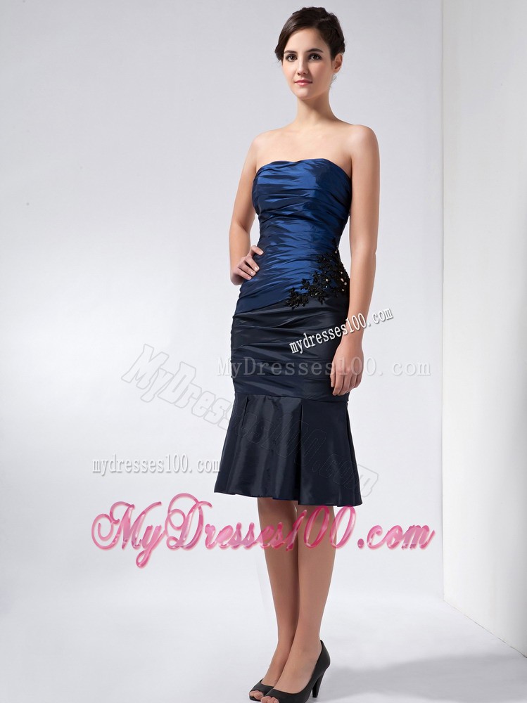 Navy Blue Strapless Knee-length Beading and Appliques Mother Dress