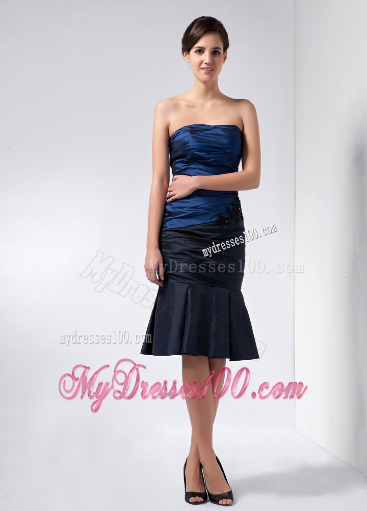 Navy Blue Strapless Knee-length Beading and Appliques Mother Dress