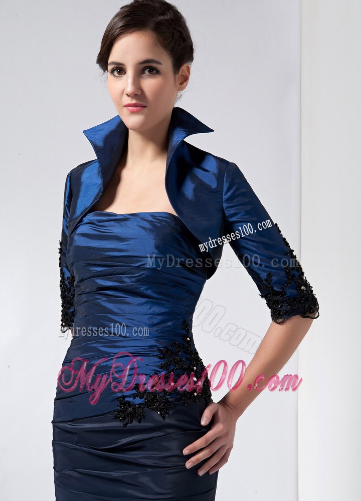 Navy Blue Strapless Knee-length Beading and Appliques Mother Dress