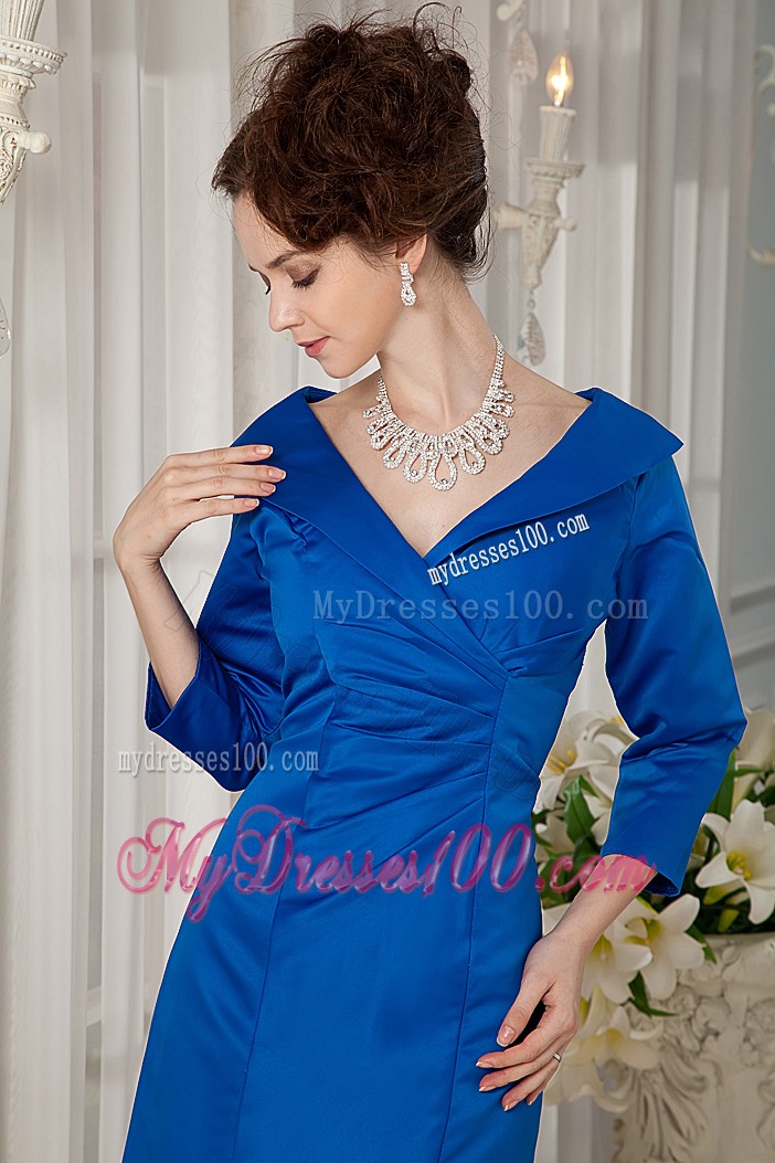 Peacock Blue Column V-neck Ruching Mini Mother of the Bride Dresses