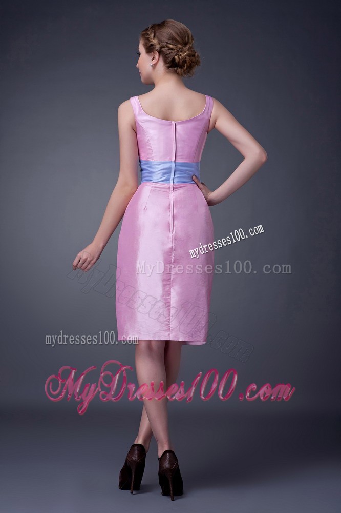 Pink Column Scoop Knee-length Sashes Mother of the Bride Dress