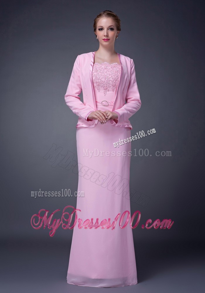 Pink Column Straps Beading Mother Bride Dress Embellished Appliques