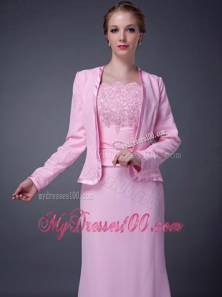 Pink Column Straps Beading Mother Bride Dress Embellished Appliques