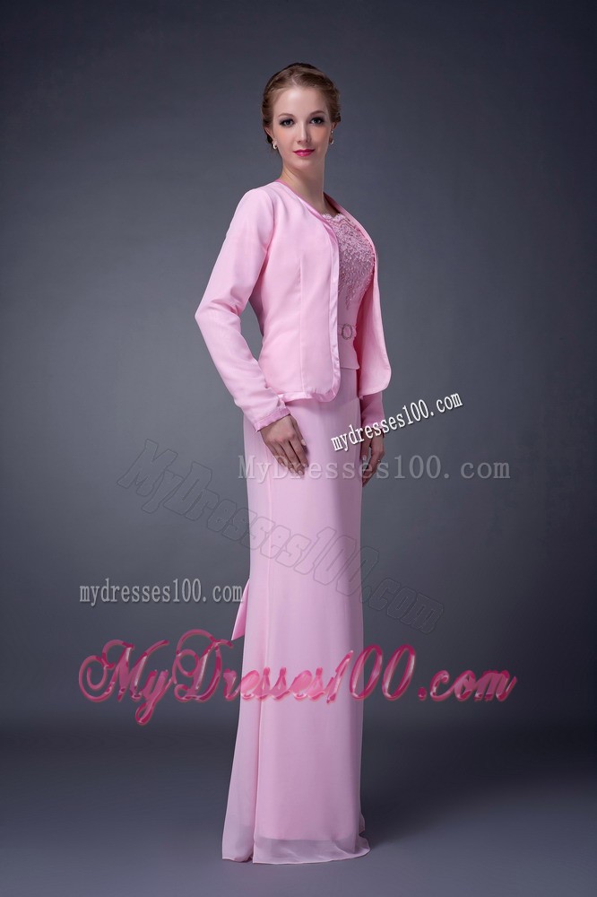 Pink Column Straps Beading Mother Bride Dress Embellished Appliques