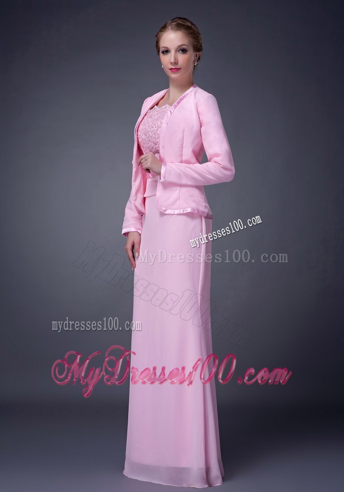 Pink Column Straps Beading Mother Bride Dress Embellished Appliques