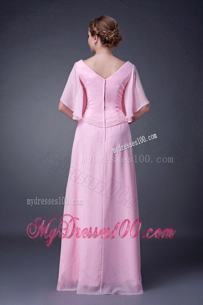 Pink Empire V-neck Floor-length Beading Mother of the Bride Dress