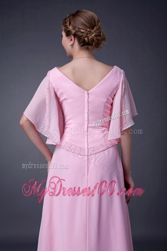 Pink Empire V-neck Floor-length Beading Mother of the Bride Dress