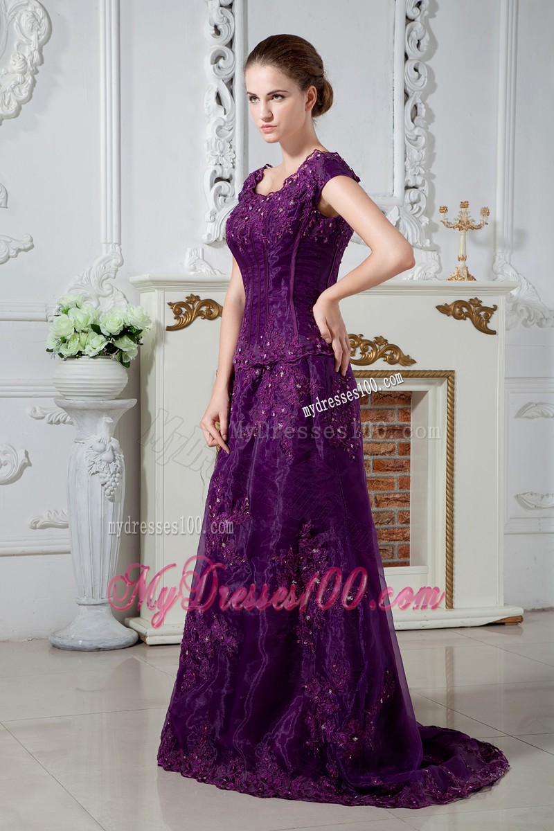Purple Scoop Brush Train Appliques and Beading Mother Bride Dress