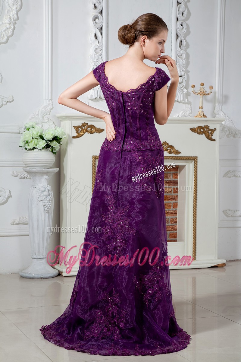 Purple Scoop Brush Train Appliques and Beading Mother Bride Dress