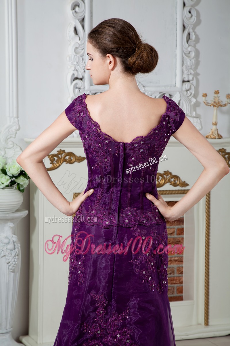 Purple Scoop Brush Train Appliques and Beading Mother Bride Dress