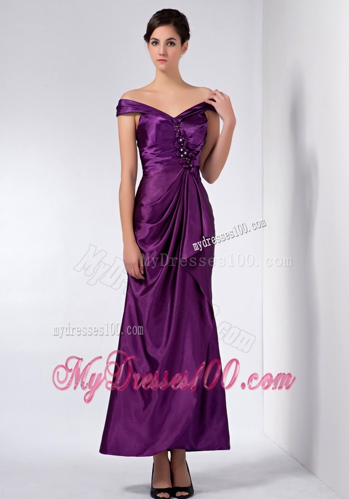Purple Column off the Shoulder Ankle-length Beading Mother Dress