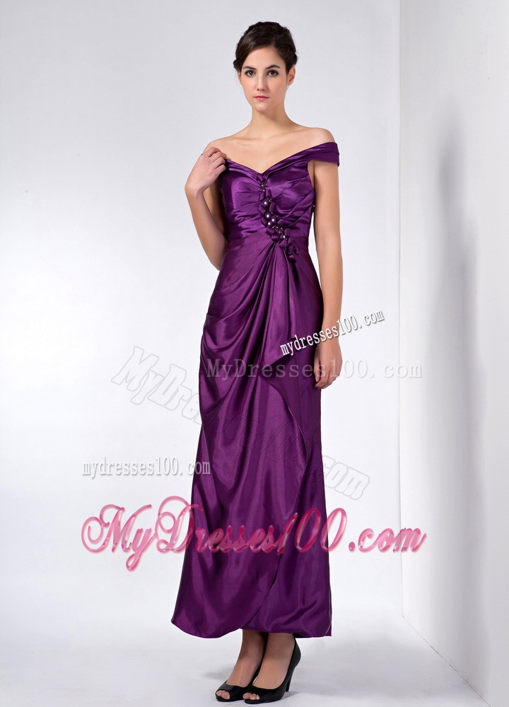 Purple Column off the Shoulder Ankle-length Beading Mother Dress