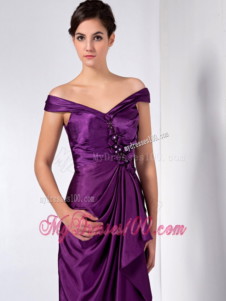 Purple Column off the Shoulder Ankle-length Beading Mother Dress
