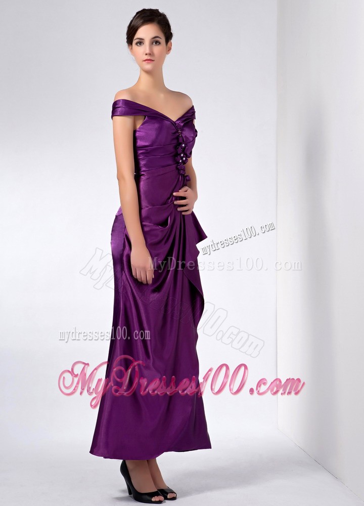 Purple Column off the Shoulder Ankle-length Beading Mother Dress