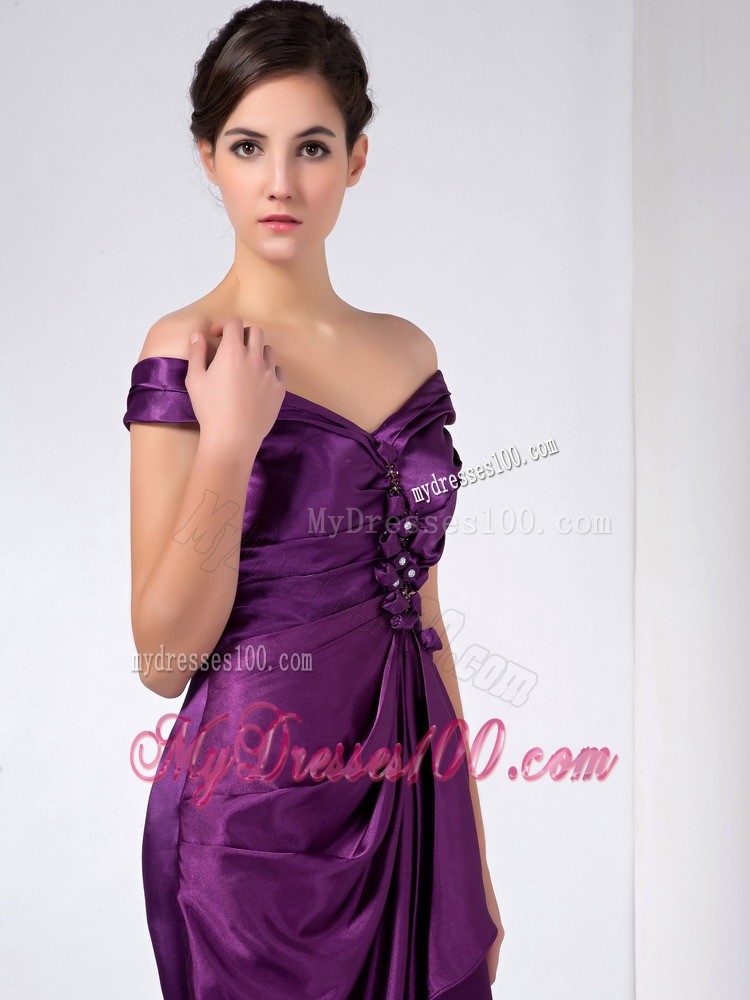 Purple Column off the Shoulder Ankle-length Beading Mother Dress