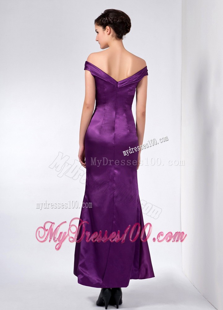 Purple Column off the Shoulder Ankle-length Beading Mother Dress
