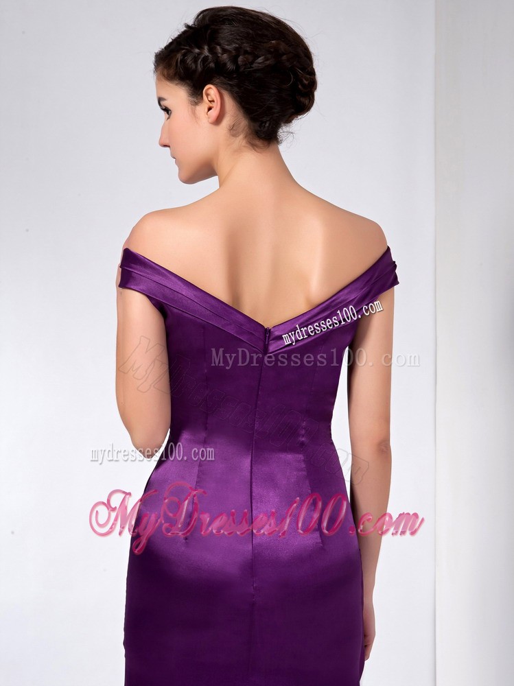 Purple Column off the Shoulder Ankle-length Beading Mother Dress