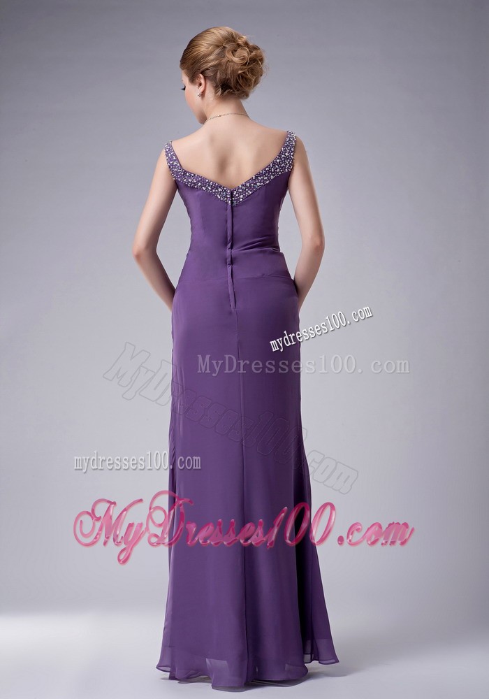 Purple Column Straps with Draping Ruffles and Beading Mother Dress