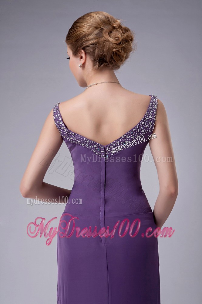 Purple Column Straps with Draping Ruffles and Beading Mother Dress