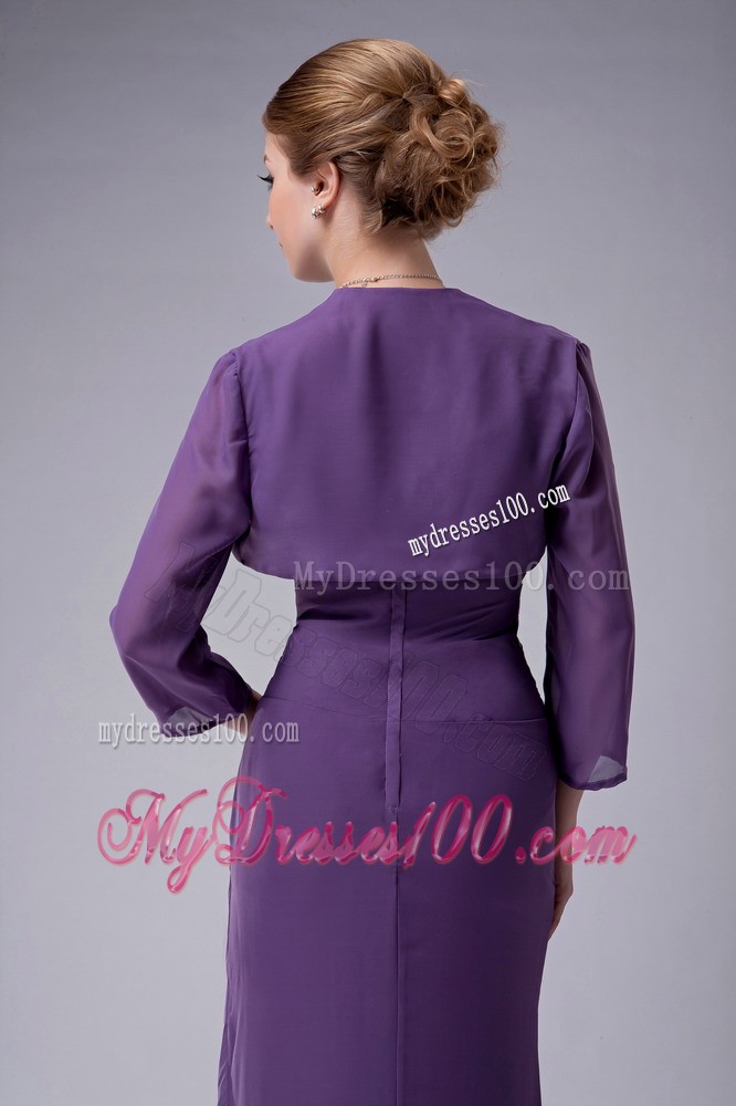 Purple Column Straps with Draping Ruffles and Beading Mother Dress