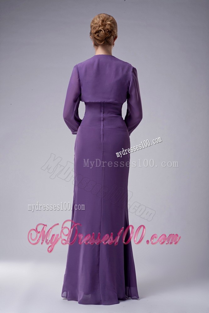 Purple Column Straps with Draping Ruffles and Beading Mother Dress