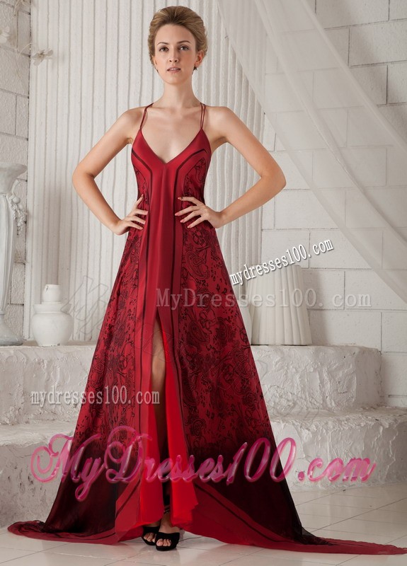 Red Spaghetti Straps Brush Train Printing Mother Bride Dress