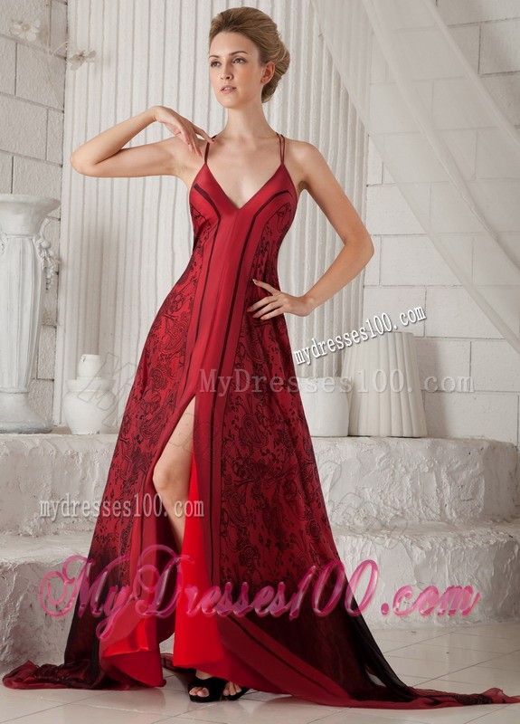 Red Spaghetti Straps Brush Train Printing Mother Bride Dress