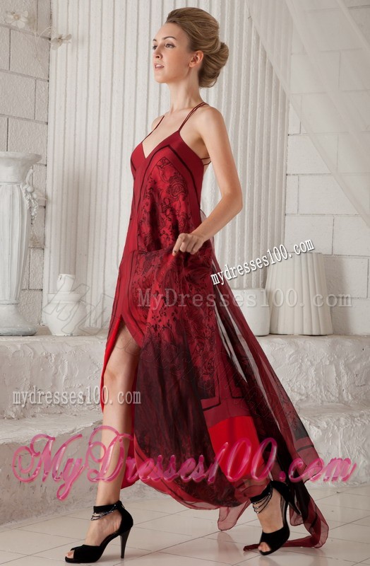 Red Spaghetti Straps Brush Train Printing Mother Bride Dress